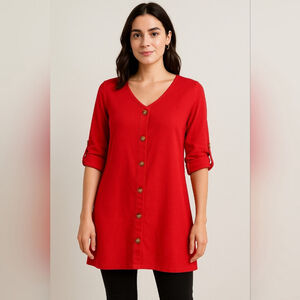 Red Button-Front Tunic Top with Roll-Tab Sleeves
